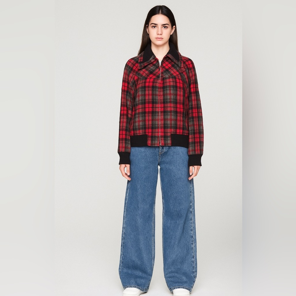 Relativity Red Tartan Plaid Wool Y2K Bomber Zip Up Jacket Women’s Size M